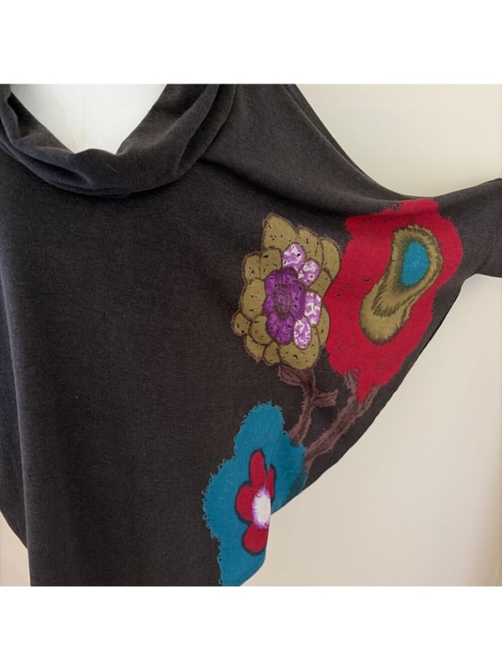 NorthStyle Cowl Neck Poncho Cape Sweater Size XL Brown Floral Artsy Maximalist - Picture 3 of 10